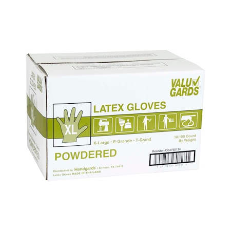 Valugards Valugards P, Disposable Gloves, Latex, Powdered, XL, 1000 PK, White 304750134